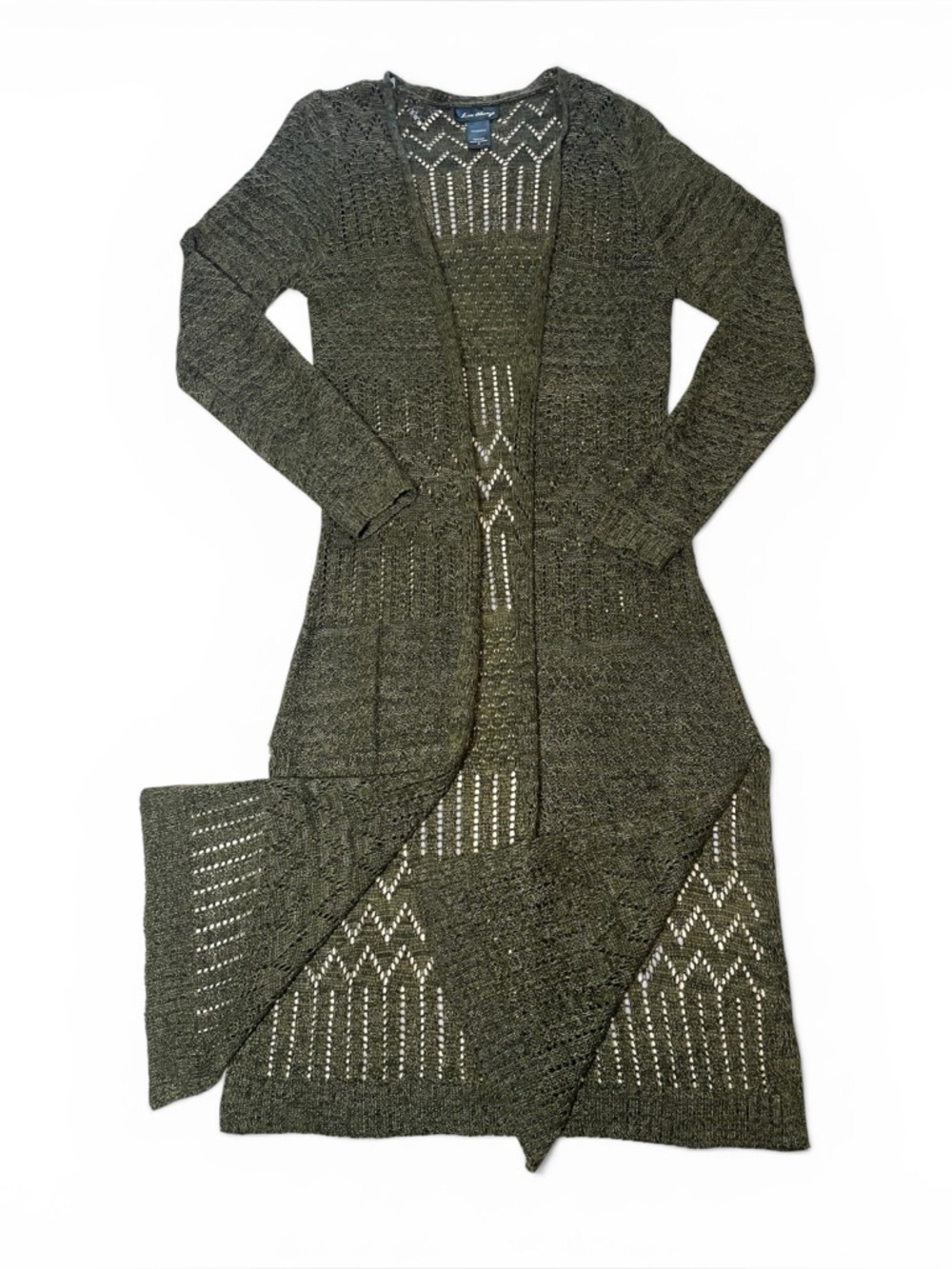Love Always Long Open-Knit Cardigan Sweater - Olive Green. Size M - Picture 2 of 5
